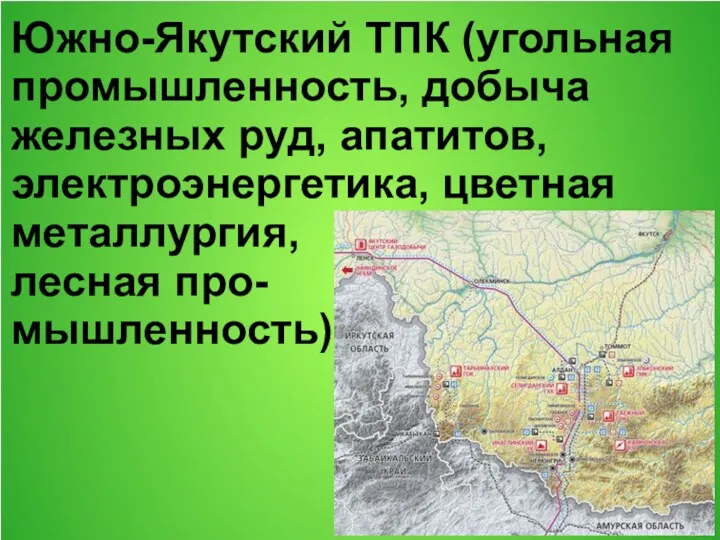 Южно-Якутский ТПК (угольная промышленность, добыча железных руд, апатитов, электроэнергетика, цветная металлургия, лесная про- мышленность)