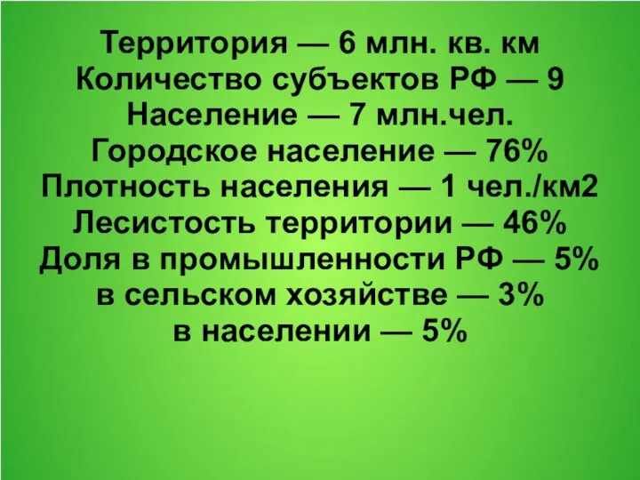Территория — 6 млн. кв. км Количество субъектов РФ — 9 Население —
