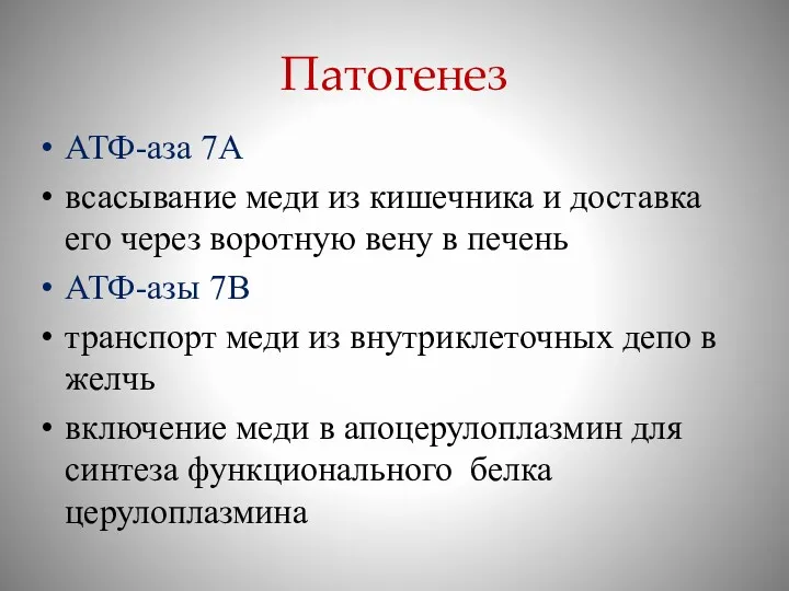 Патогенез АТФ-аза 7А всасывание меди из кишечника и доставка его