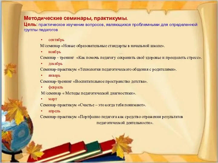 сентябрь М/семинар «Новые образовательные стандарты в начальной школе». ноябрь Семинар