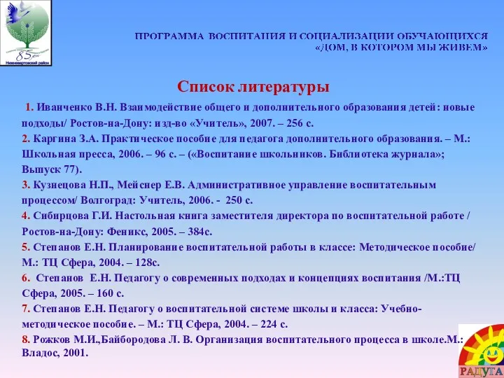 Список литературы 1. Иванченко В.Н. Взаимодействие общего и дополнительного образования