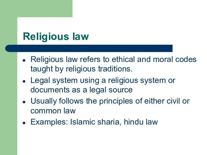 Religious law Religious law refers to ethical and moral codes