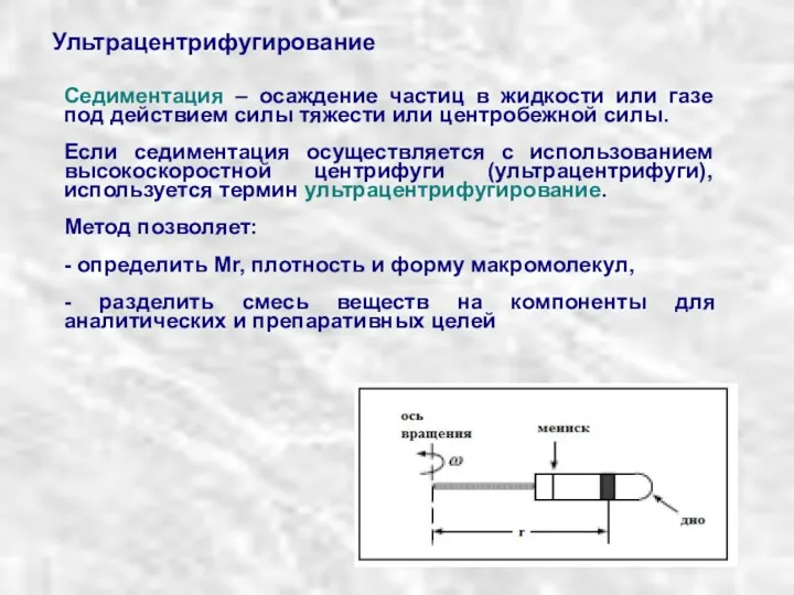 Ультрацентрифугирование Седиментация – осаждение частиц в жидкости или газе под