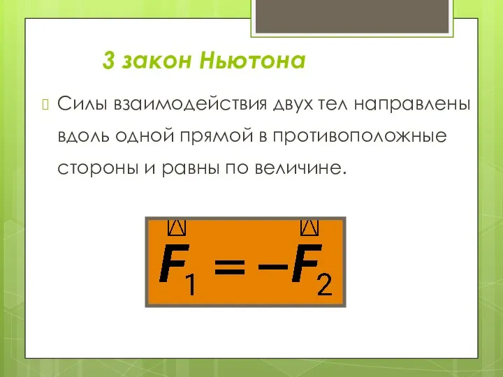 3 закон Ньютона Силы взаимодействия двух тел направлены вдоль одной прямой в противоположные