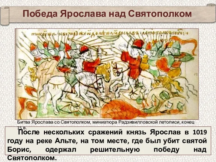 Победа Ярослава над Святополком После нескольких сражений князь Ярослав в 1019 году на