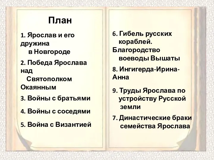 1. Ярослав и его дружина в Новгороде 2. Победа Ярослава над Святополком Окаянным