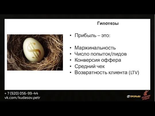 Гипотезы Прибыль – это: Маржинальность Число попыток/лидов Конверсия оффера Средний чек Возвратность клиента (LTV)