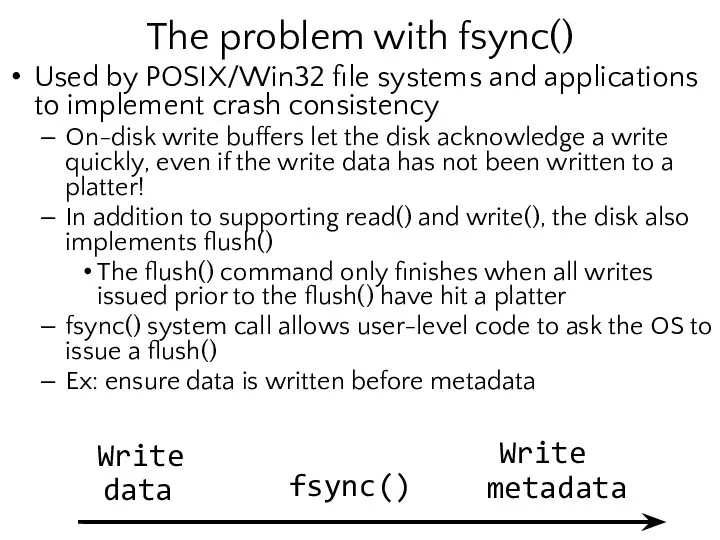 The problem with fsync() Used by POSIX/Win32 file systems and