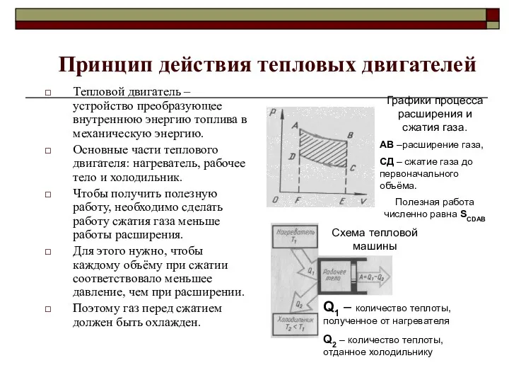 Принцип действия тепловых двигателей Тепловой двигатель – устройство преобразующее внутреннюю