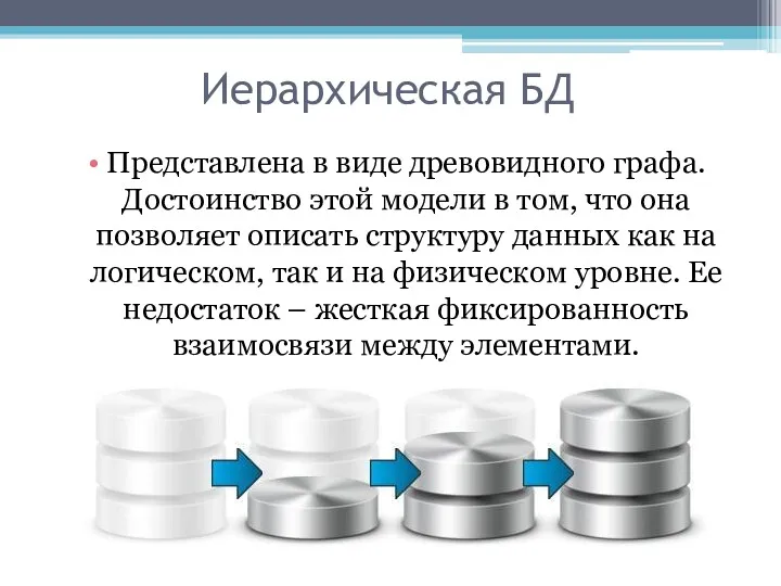 Иерархическая БД Представлена в виде древовидного графа. Достоинство этой модели