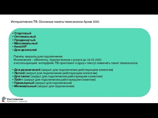 Интерактивное ТВ. Основные пакеты телеканалов Архив 2020 Стартовый Оптимальный Продвинутый