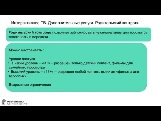 Интерактивное ТВ. Дополнительные услуги. Родительский контроль Родительский контроль позволяет заблокировать