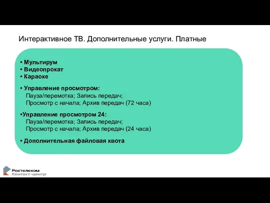 Интерактивное ТВ. Дополнительные услуги. Платные Мультирум Видеопрокат Караоке Управление просмотром: