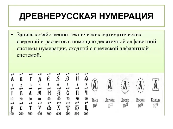 ДРЕВНЕРУССКАЯ НУМЕРАЦИЯ Запись хозяйственно-технических математических сведений и расчетов с помощью