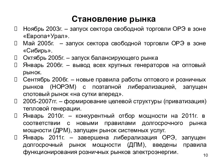 Ноябрь 2003г. – запуск сектора свободной торговли ОРЭ в зоне