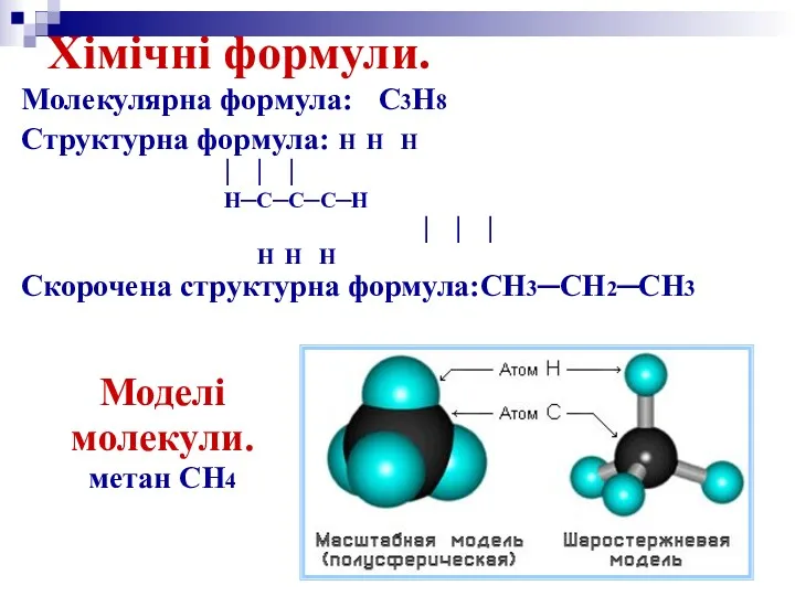 Молекулярна формула: C3H8 Структурна формула: H H H │ │