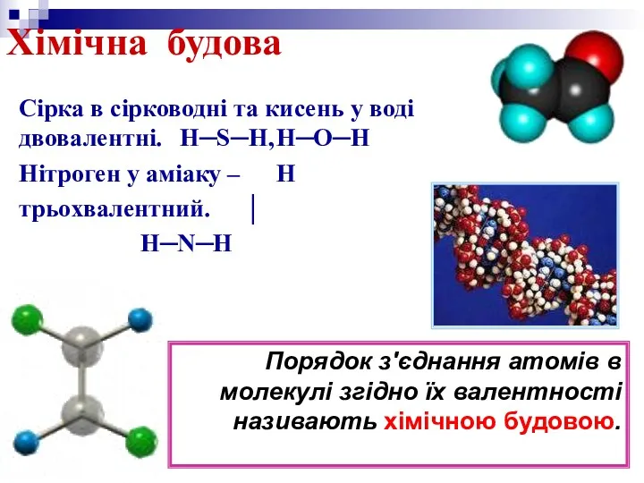 Хімічна будова Сірка в сірководні та кисень у воді двовалентні.