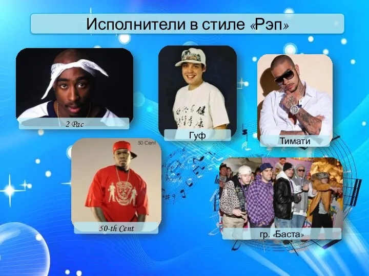 Исполнители в стиле «Рэп» 2 Pac Гуф Тимати 50-th Cent гр. «Баста»