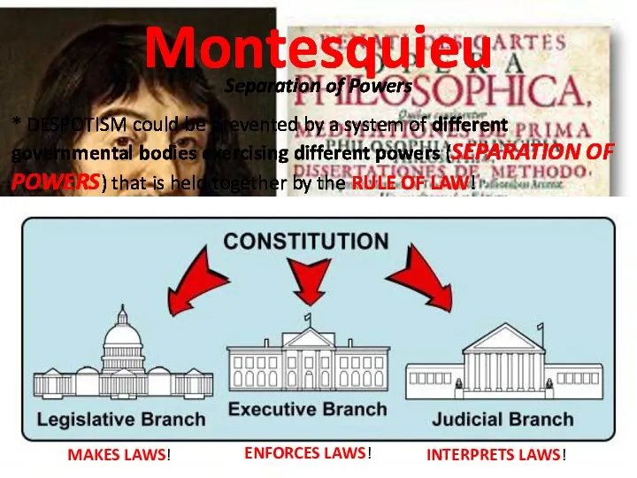 Montesquieu Separation of Powers * DESPOTISM could be prevented by