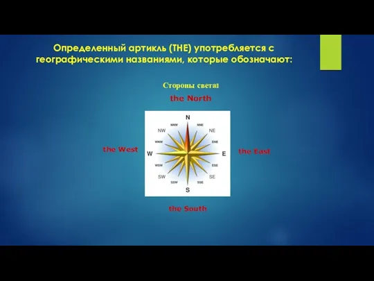 Определенный артикль (THE) употребляется с географическими названиями, которые обозначают: Стороны