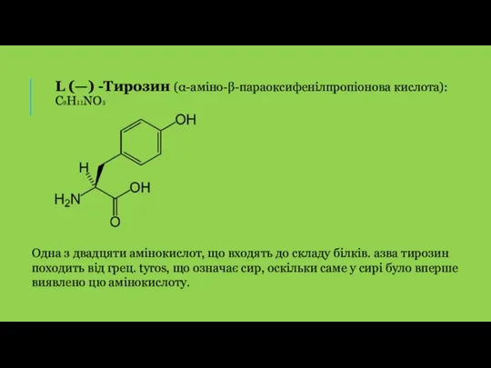 L (—) -Тирозин (α-аміно-β-параоксифенілпропіонова кислота): C₉H₁₁NO₃ Одна з двадцяти амінокислот,