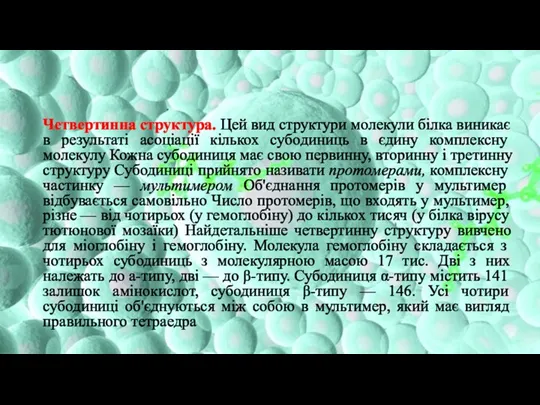 Четвертинна структура. Цей вид структури молекули білка виникає в результаті