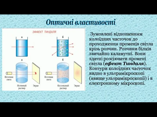 Зумовлені відношенням колоїдних часточок до проходження променів світла крізь розчин.