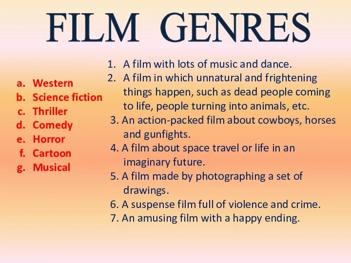 FILM GENRES Western Science fiction Thriller Comedy Horror Cartoon Musical A film with
