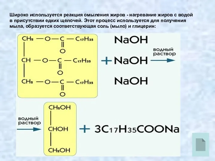 Широко используется реакция омыления жиров - нагревание жиров с водой
