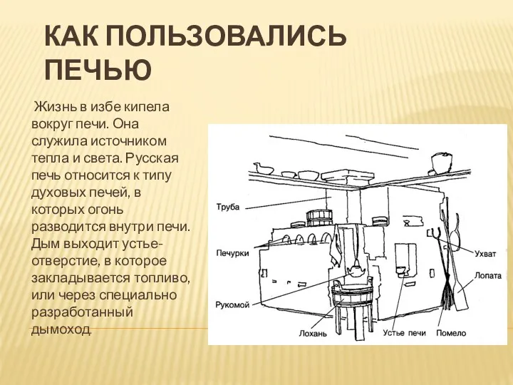 КАК ПОЛЬЗОВАЛИСЬ ПЕЧЬЮ Жизнь в избе кипела вокруг печи. Она