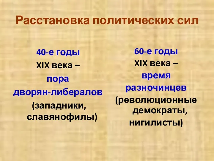 Расстановка политических сил 40-е годы XIX века – пора дворян-либералов