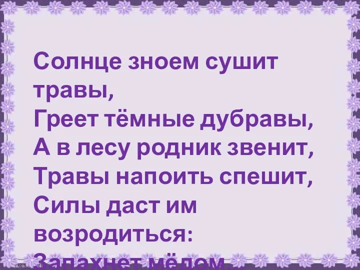 Солнце зноем сушит травы, Греет тёмные дубравы, А в лесу