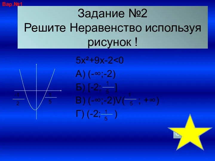 5х²+9х-2 А) (-∞;-2) Б) [-2; ] B) (-∞;-2)V( ; +∞)