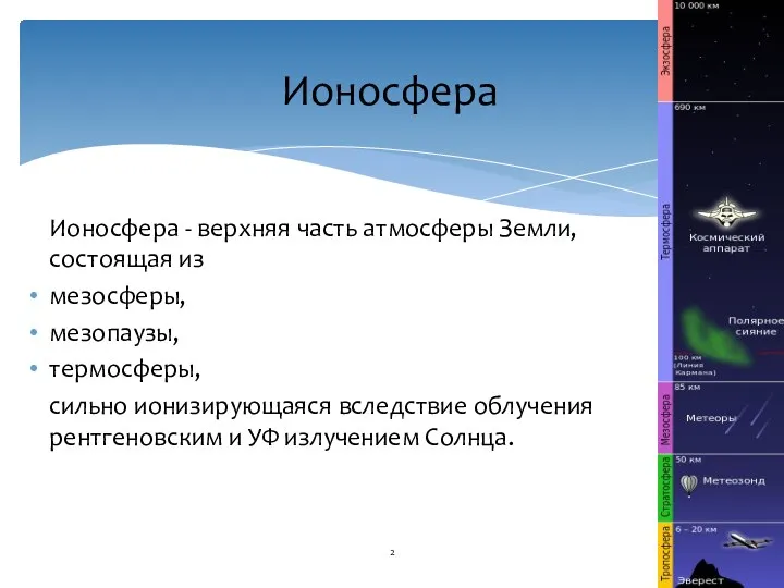 Ионосфера Ионосфера - верхняя часть атмосферы Земли, состоящая из мезосферы,