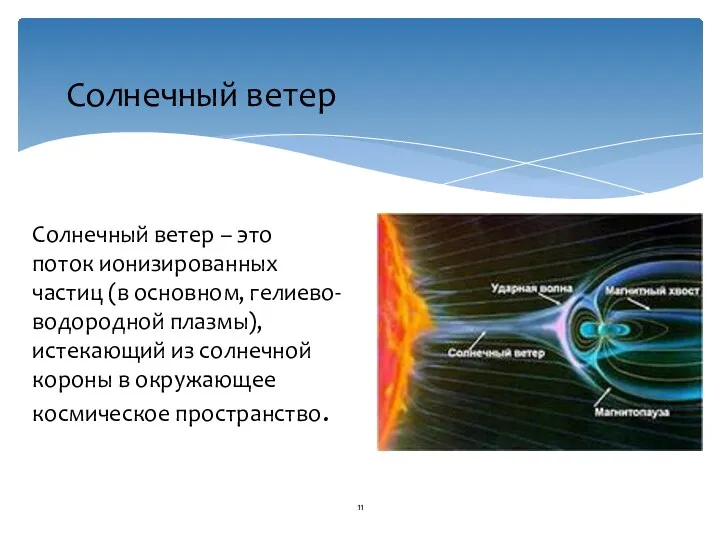 Солнечный ветер Солнечный ветер – это поток ионизированных частиц (в