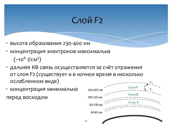 Слой F2 высота образования 230-400 км концентрация электронов максимальна (~106