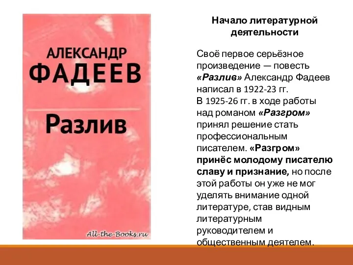 Начало литературной деятельности Своё первое серьёзное произведение — повесть «Разлив» Александр Фадеев написал