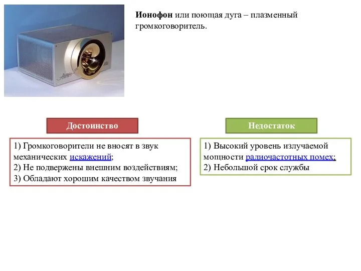 Ионофон или поющая дуга – плазменный громкоговоритель. Достоинство Недостаток 1)