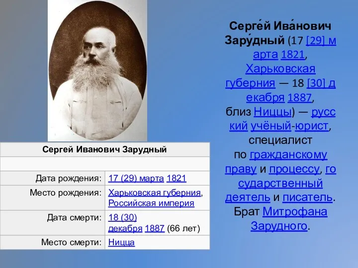 Серге́й Ива́нович Зару́дный (17 [29] марта 1821, Харьковская губерния —