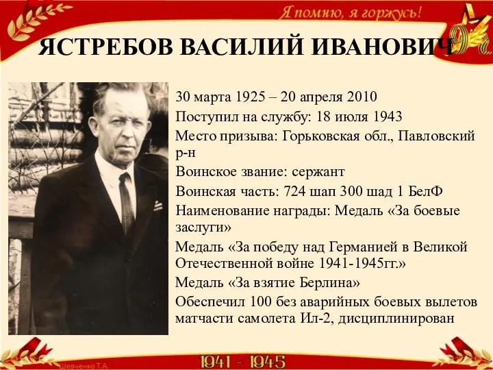 ЯСТРЕБОВ ВАСИЛИЙ ИВАНОВИЧ 30 марта 1925 – 20 апреля 2010 Поступил на службу: