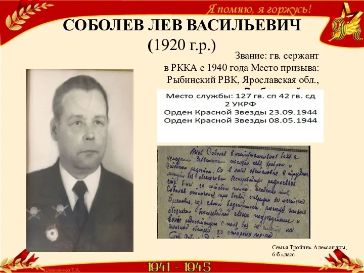 СОБОЛЕВ ЛЕВ ВАСИЛЬЕВИЧ (1920 г.р.) Звание: гв. сержант в РККА с 1940 года