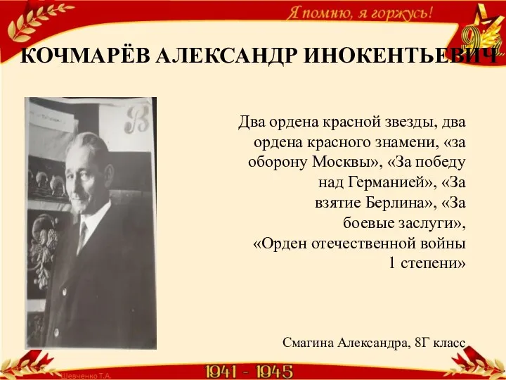 КОЧМАРЁВ АЛЕКСАНДР ИНОКЕНТЬЕВИЧ Два ордена красной звезды, два ордена красного