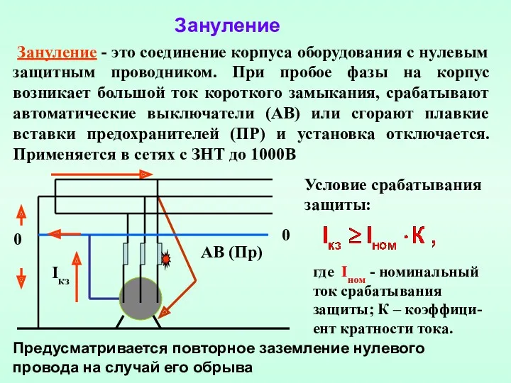 Зануление - это соединение корпуса оборудования с нулевым защитным проводником.