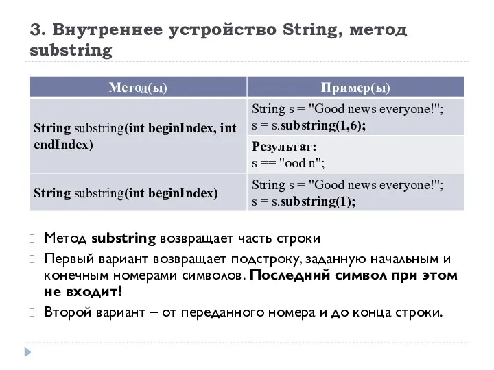 3. Внутреннее устройство String, метод substring Метод substring возвращает часть строки Первый вариант
