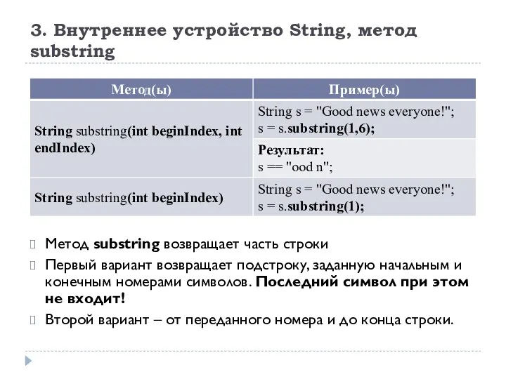 3. Внутреннее устройство String, метод substring Метод substring возвращает часть