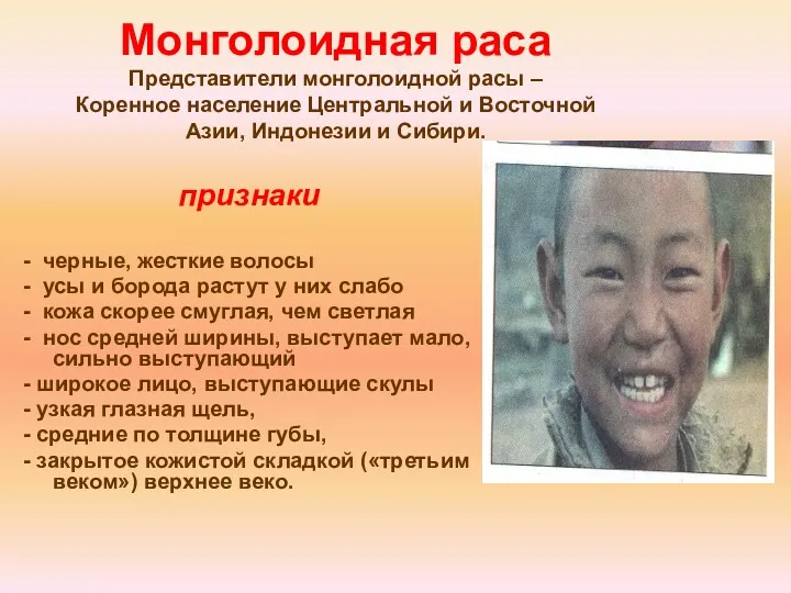 Монголоидная раса Представители монголоидной расы – Коренное население Центральной и
