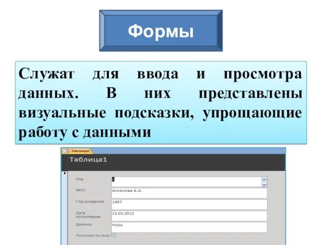 Служат для ввода и просмотра данных. В них представлены визуальные подсказки, упрощающие работу с данными Формы