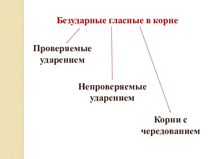 Безударные гласные в корне Корни с чередованием Проверяемые ударением Непроверяемые ударением