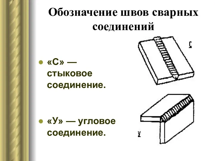 Обозначение швов сварных соединений «С» — стыковое соединение. «У» — угловое соединение.