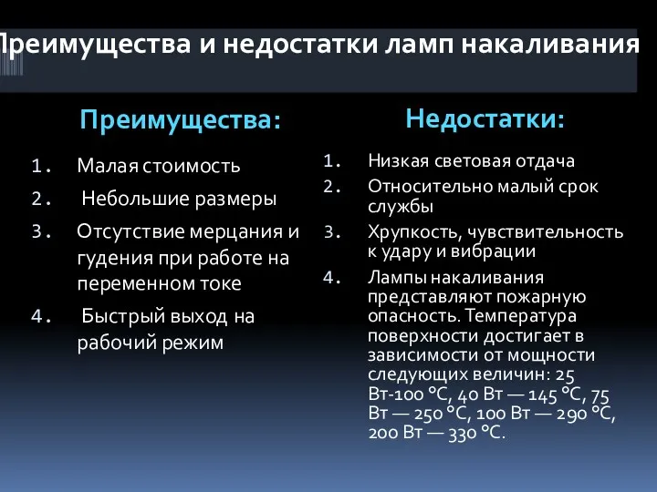 Преимущества: Недостатки: Малая стоимость Небольшие размеры Отсутствие мерцания и гудения